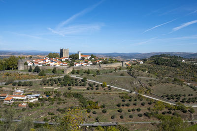 High angle view of buildings against sky