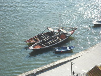 High angle view of sailing ship in water