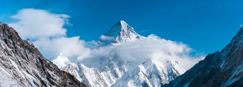 Panoramic view of snowcapped mountains against sky