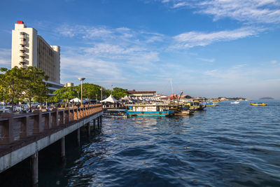 Buildings by river against sky in city