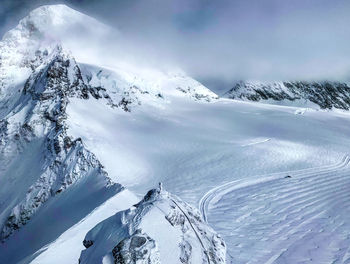 Aerial view of snowcapped mountains against sky