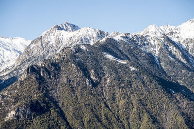 Scenic view of snowcapped mountains against clear sky