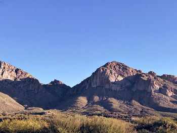 Scenic view of mountains against clear blue sky