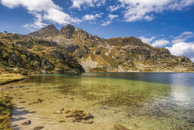 Scenic view of lake by mountains against sky