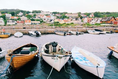 High angle view of boats moored in water