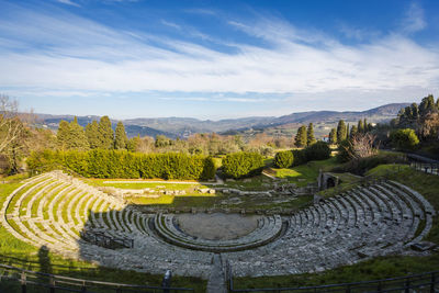 High angle view of old ruins against sky