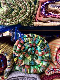 High angle view of multi colored wicker basket for sale