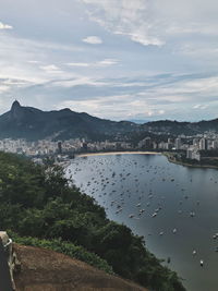 Scenic view of river by city against sky