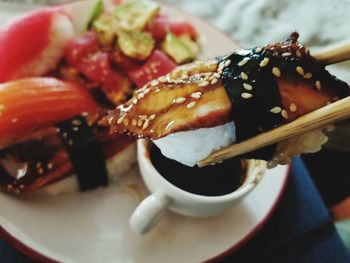 High angle view of dessert in plate on table