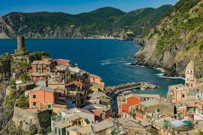 High angle view of town by sea