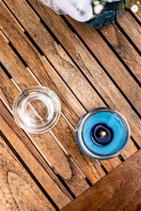 High angle view of drink on wooden table