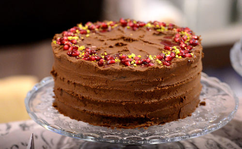 Close-up of chocolate cake in plate on table