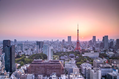 Aerial view of buildings in city during sunset