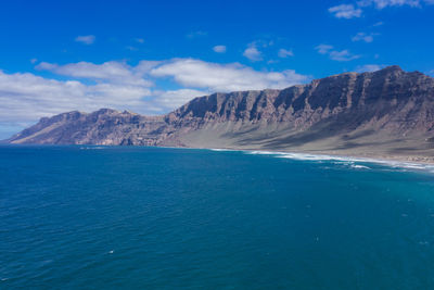 Panorama of the empty road through sandy and volcanic desert,lanzarote. view on the caleta de famara