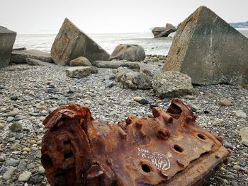 Close-up of rusty metal on rock at beach against sky