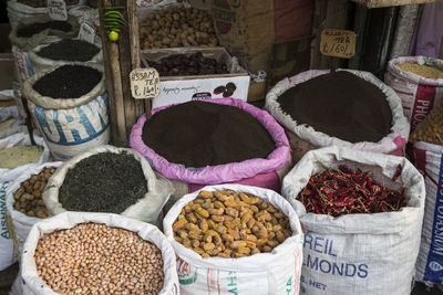 Display of herb and spice in front of shop at spice market in old delhi, delhi, india. 