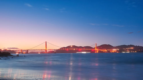 Suspension bridge over sea against sky during sunset