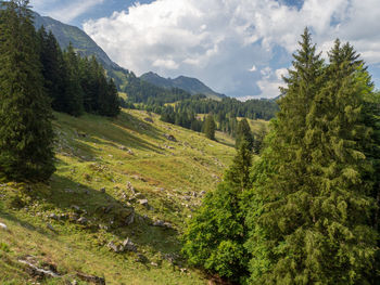 Scenic view of green landscape and mountains against sky