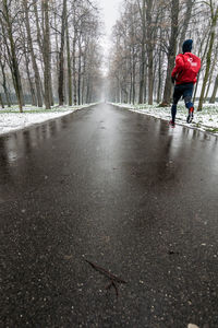 Rear view of person on road during winter