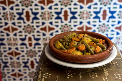 High angle view of soup in bowl on table