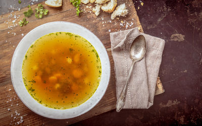 High angle view of soup in bowl on table