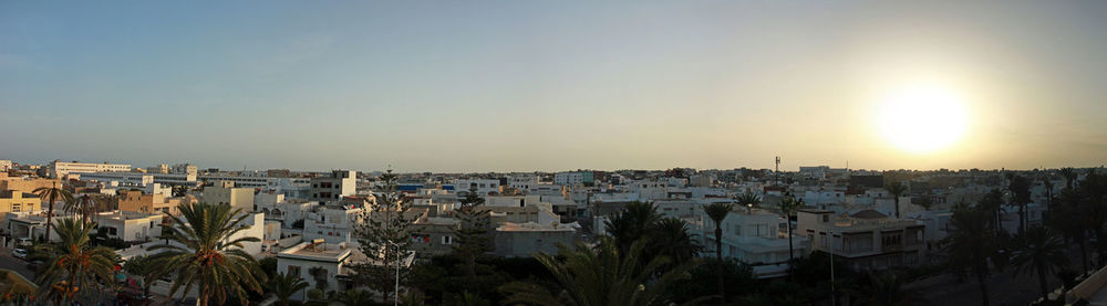 High angle view of townscape against sky during sunset