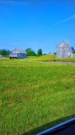 Scenic view of agricultural field against clear blue sky