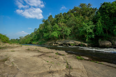 Scenic view of waterfall against sky