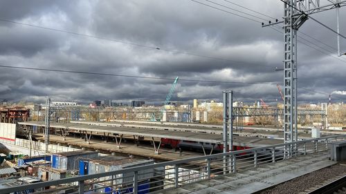 Train on railroad tracks against sky