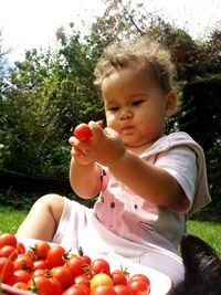 Cute baby sitting by fresh cherry tomatoes in back yard