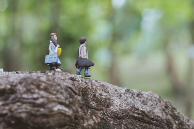 Close-up of figurines on rock