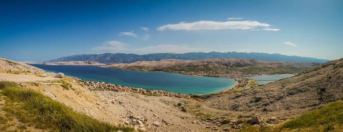 Panoramic view of sea and mountains against sky