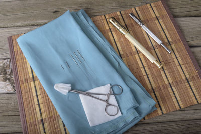 High angle view of objects on table