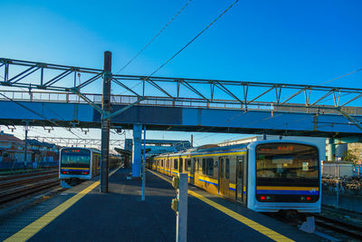 Train on railroad station against clear blue sky