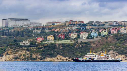 Boats in river with buildings in background