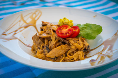 Close-up of served in plate on table