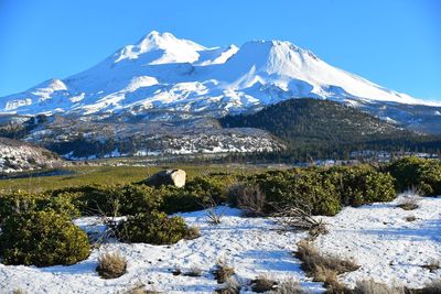 Scenic view of snowcapped mountains during winter