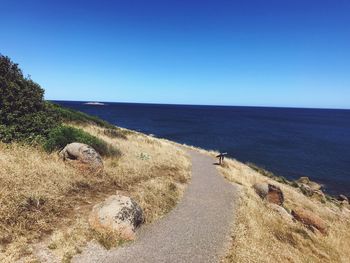 Scenic view of sea against clear blue sky