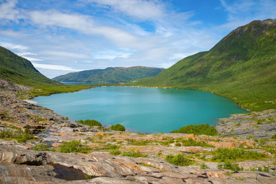 Scenic view of lake and mountains against sky