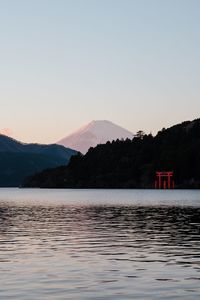 Scenic view of lake against sky during sunset