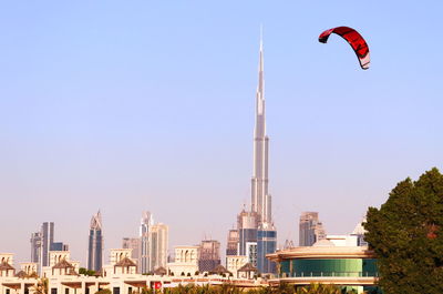 Low angle view of buildings against clear sky