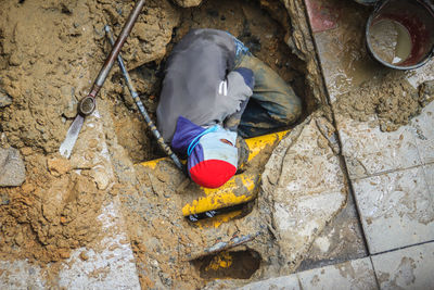 High angle view of man on rock