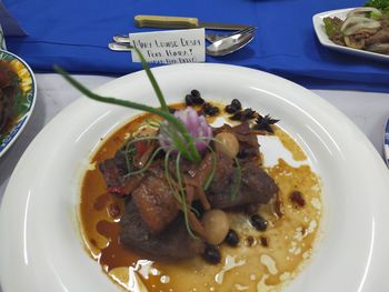 High angle view of food in plate on table