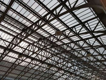 Low angle view of train station skylight with complex pattern of metal supports