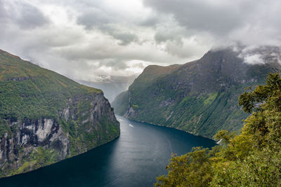 Scenic view of river amidst mountains against sky