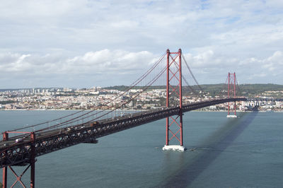 Suspension bridge over river in city against cloudy sky