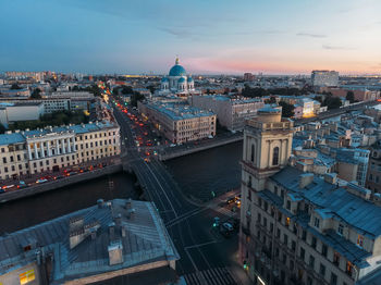 Aerial view on trinity cathedral, fontanka river and house with decorative tower in saint petersburg