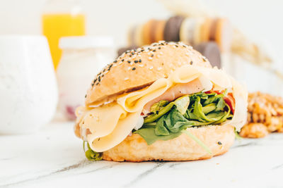 Close-up of burger on table