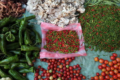 High angle view of food for sale at market stall