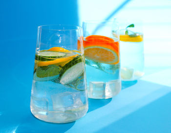 Close-up of water in glass against blue background